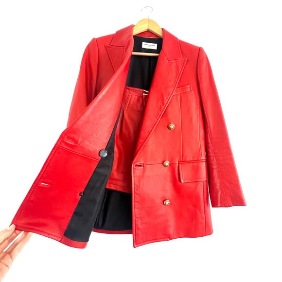 YSL Saint Laurent Red Leather Blazer Jacket Matching Shorts Suit Set Women Small - Picture 7 of 15